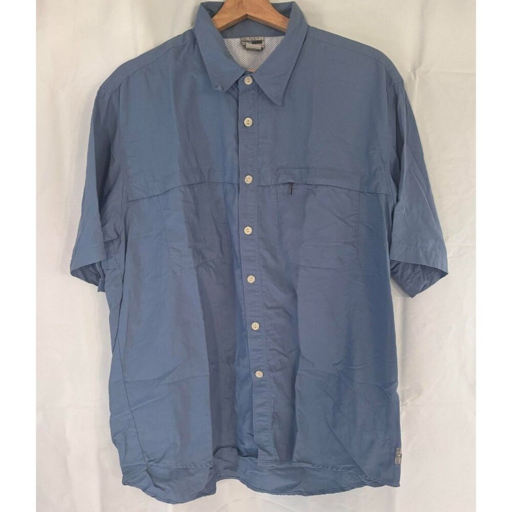 White Sierra Mens Large Button Hiking Shirt Blue Short Sleeve Pockets Outdoor